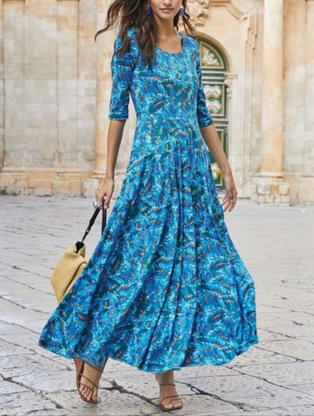 Peruvian Connection Maldives Blue Leaf-Print Maxi Dress